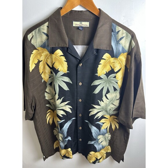 Tommy Bahama Shirt Mens XL Black Brown 100% Silk Hawaiian Aloha Floral Print - Picture 1 of 11